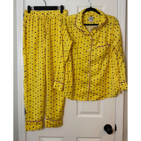 Revolve Plush Yellow Paisley Print Pajama Set Button Up Top Pants Size S